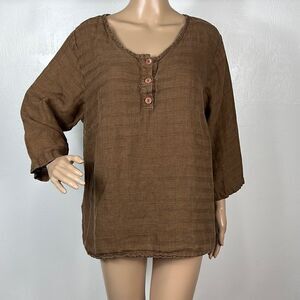 Flax Designs Linen Brown Striped Lagenlook 3/4 Sleeve Top Shirt Size L